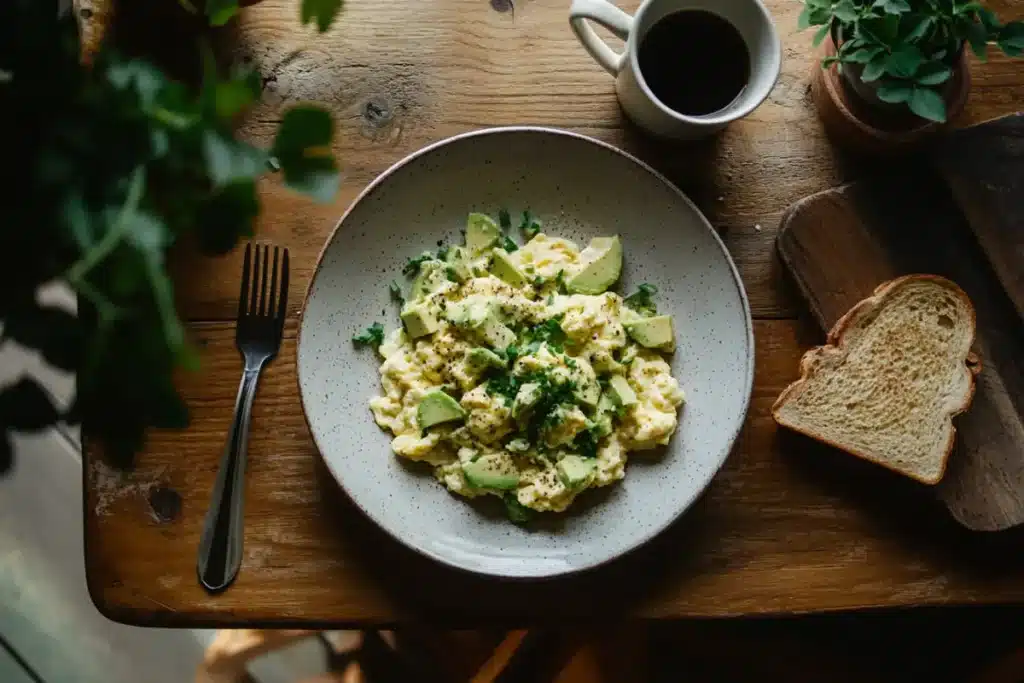 Creamy avocado scrambled eggs with fresh chives and toast, a healthy breakfast idea