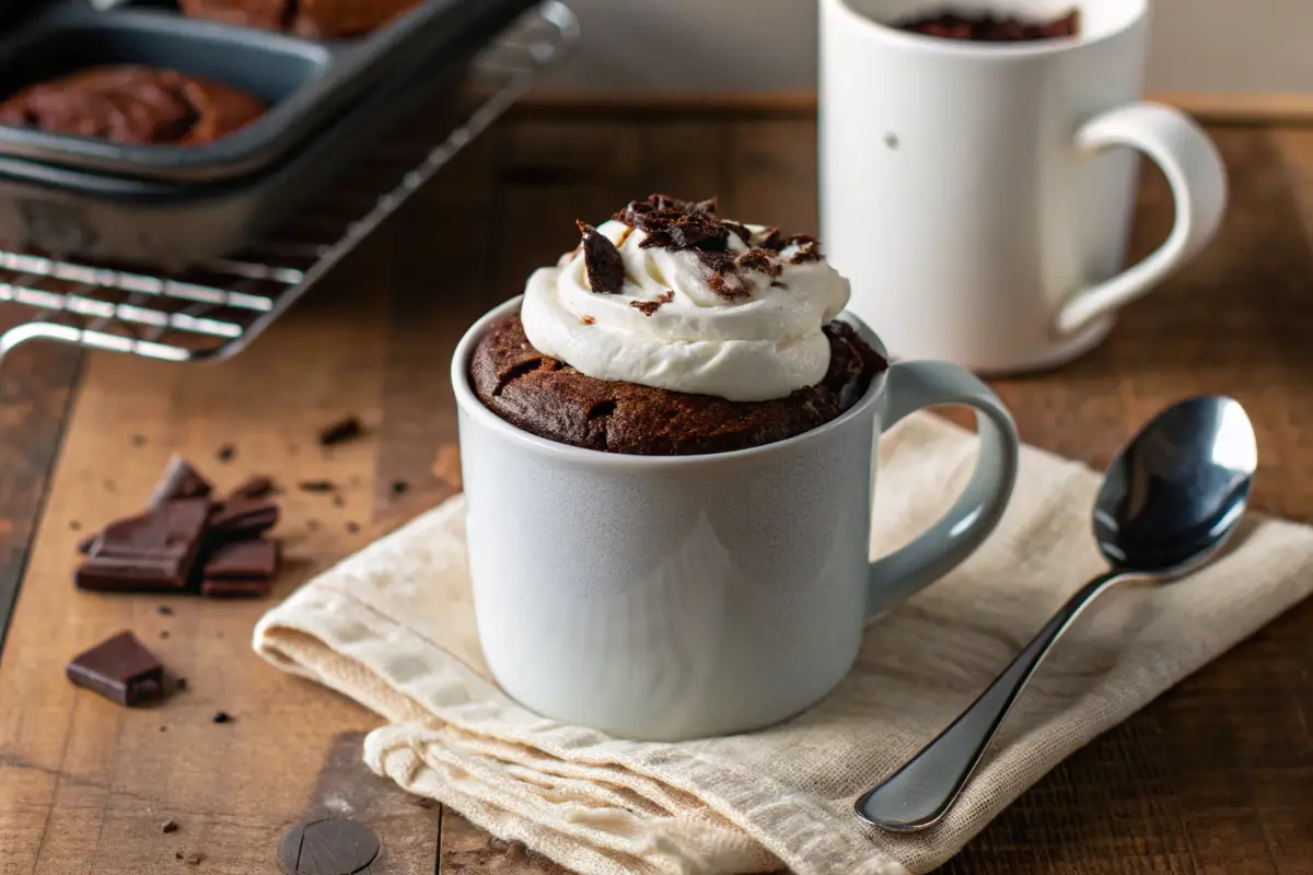 Flourless chocolate mug cake in a mug topped with whipped cream and chocolate shavings.