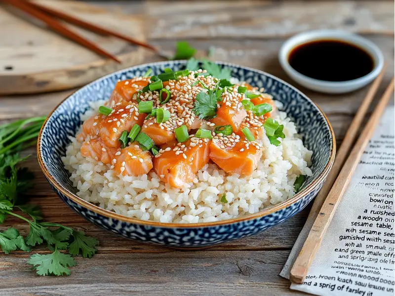 A perfectly plated canned salmon rice bowl with garnishes and soy sauce.