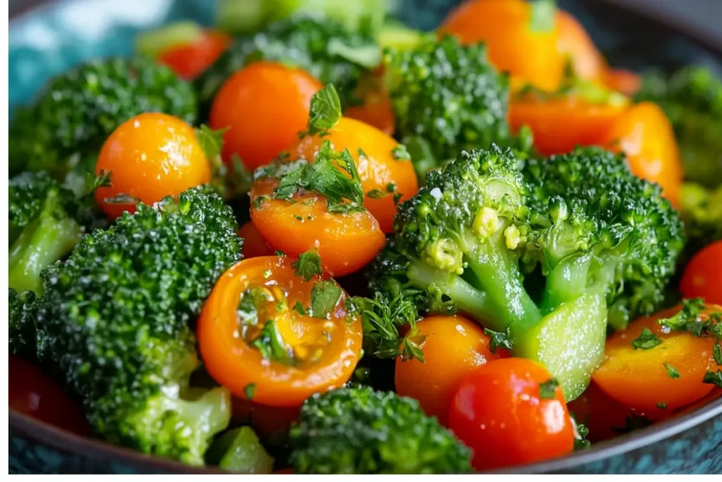 A colorful salad featuring blanched broccoli, carrots, and cherry tomatoes.