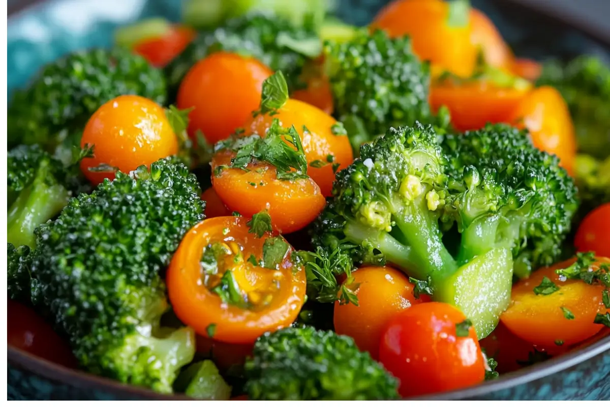 A colorful salad featuring blanched broccoli, carrots, and cherry tomatoes.