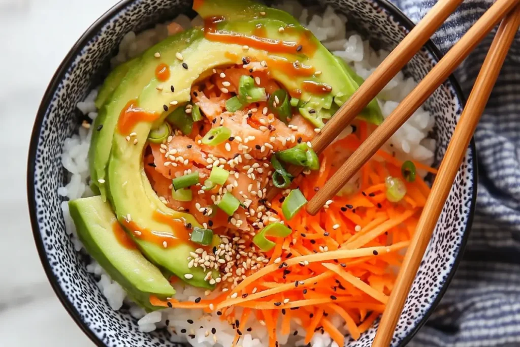 A colorful canned salmon rice bowl with fresh toppings