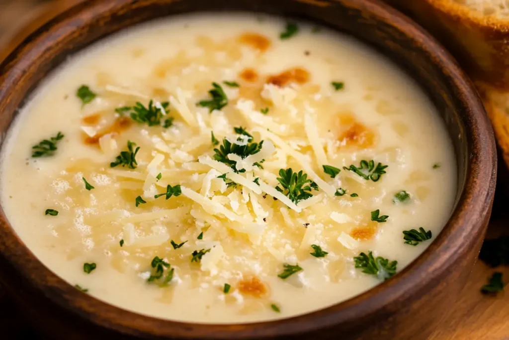 A steaming bowl of creamy Alfredo lasagna soup topped with cheese and parsley.