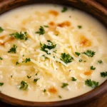 A steaming bowl of creamy Alfredo lasagna soup topped with cheese and parsley.
