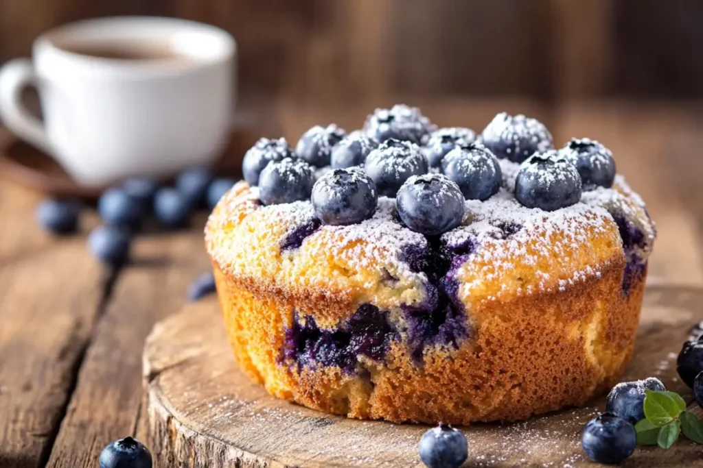 Golden Blueberry Muffin Cake with powdered sugar and fresh blueberries on a rustic table.