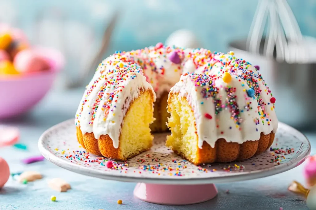 Moist and fluffy cake made from muffin mix with baking tools in the background.