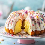 Moist and fluffy cake made from muffin mix with baking tools in the background.