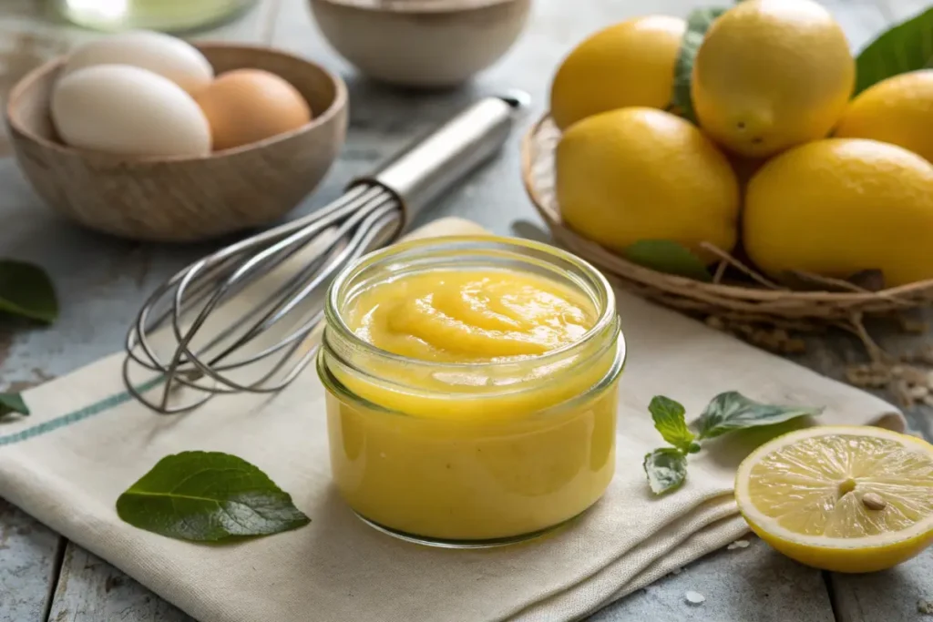 Fresh lemon curd in a jar with ingredients for making lemon curd.