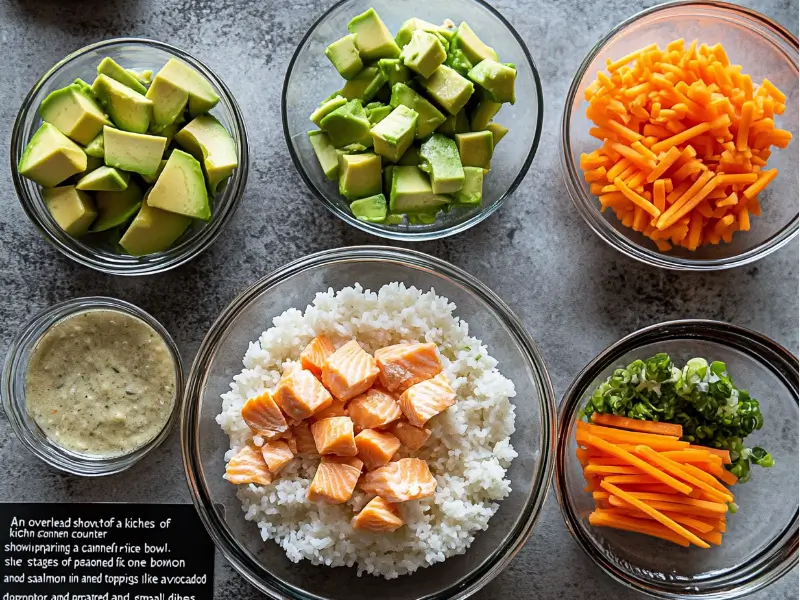 Step-by-step preparation of a canned salmon rice bowl with rice, salmon, and toppings.