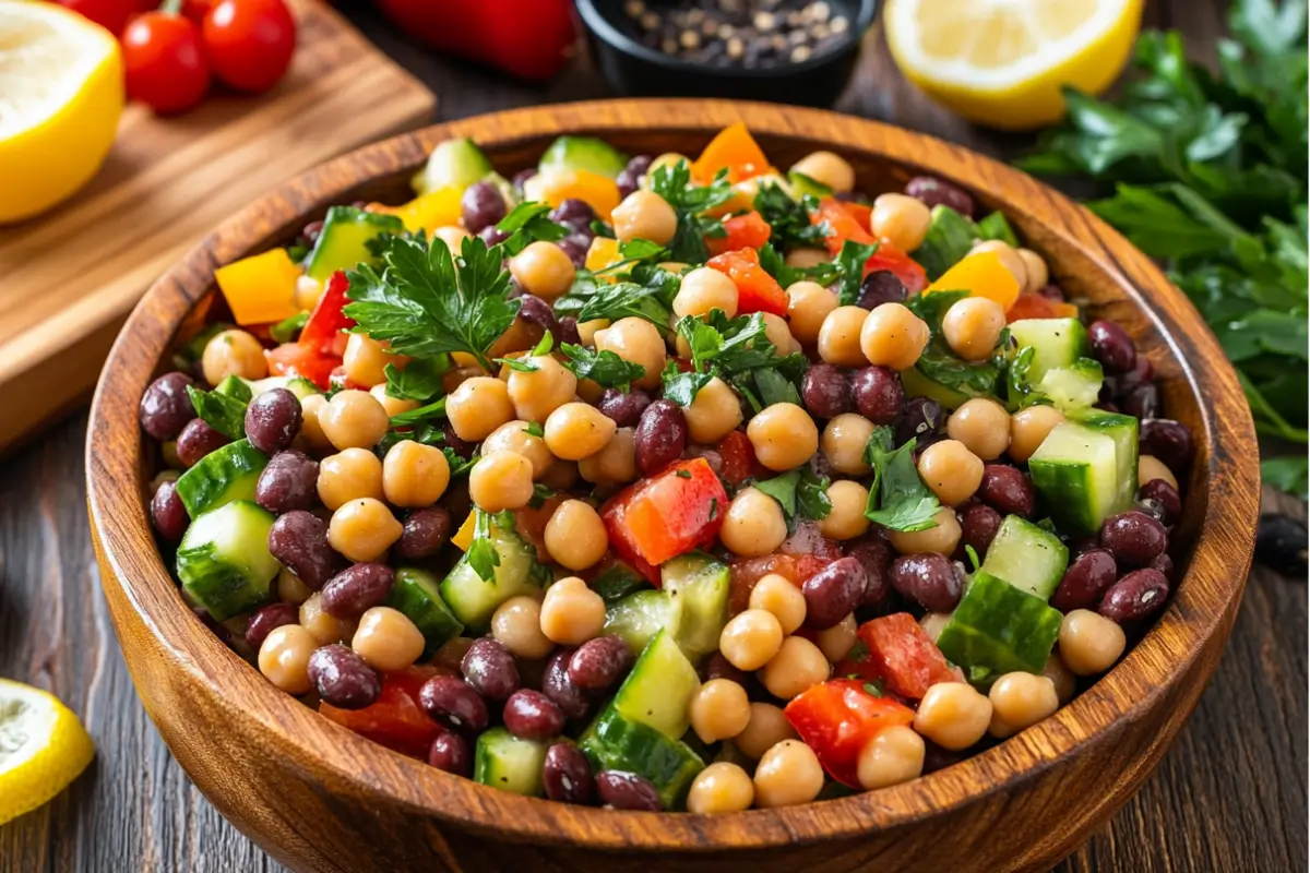 Dense Bean Salad with colorful beans and vegetables in a wooden bowl