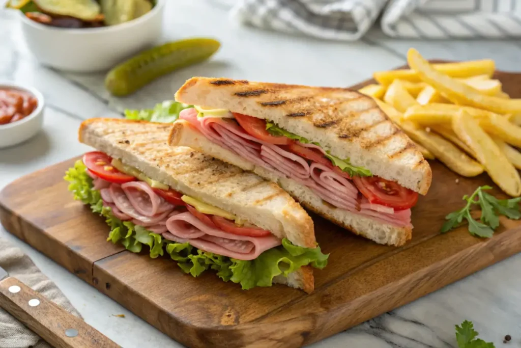 Freshly made Guinea Grinder Sandwich with layers of salami, ham, melted cheese, and veggies, served on a wooden board.