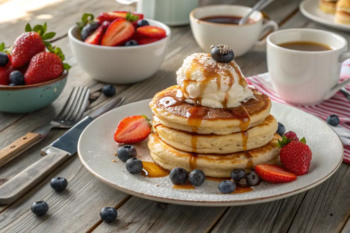 Ice Cream Pancakes: The Viral Dessert-Breakfast Sensation 1 A stack of fluffy ice cream pancakes topped with syrup, fresh fruits, and whipped cream.