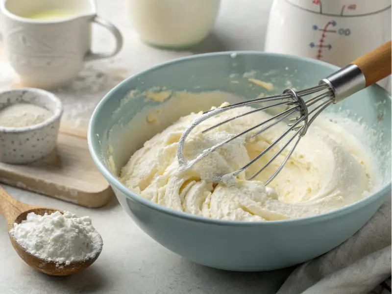 Mixing melted vanilla ice cream and self-rising flour for pancake batter.