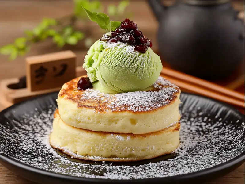Japanese soufflé pancake with matcha ice cream and red bean paste.