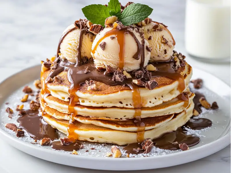 Ice cream pancakes topped with chocolate and vanilla ice cream, caramel sauce, and crushed nuts.