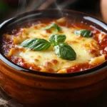 Lasagna soup in crockpot with melted cheese and fresh basil.