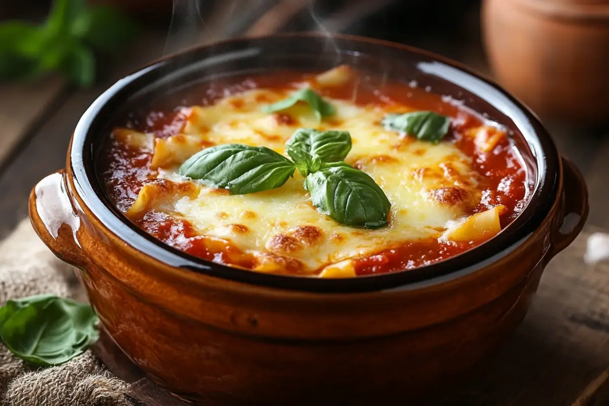 Recipes Hurry 7 Lasagna soup in crockpot with melted cheese and fresh basil.