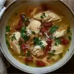 Marry Me Chicken Soup Recipe in a bowl, garnished with parsley and Parmesan