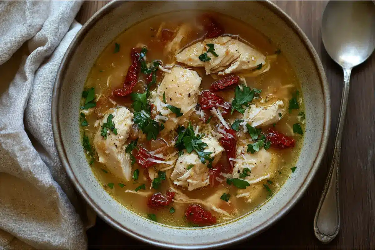 Recipes Hurry 6 Marry Me Chicken Soup Recipe in a bowl, garnished with parsley and Parmesan