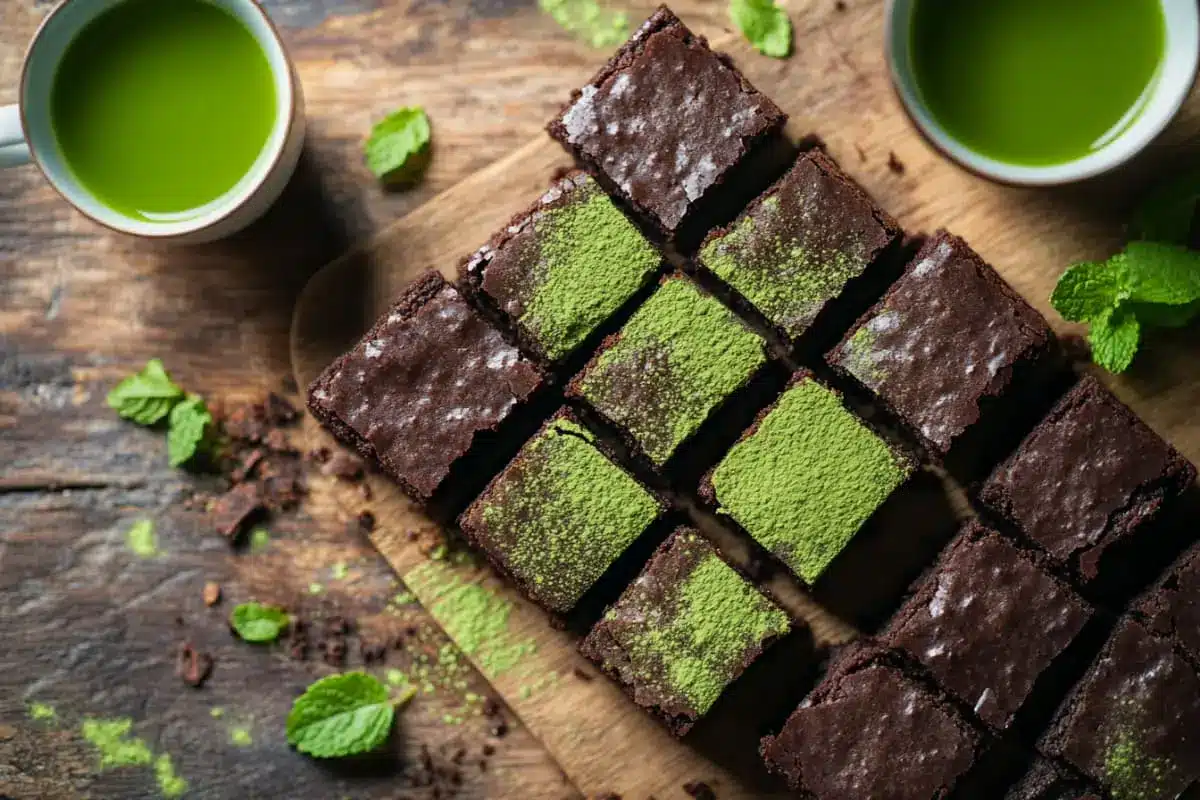 Freshly baked matcha brownies with matcha powder and green tea.
