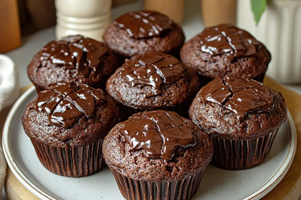 Freshly baked Olympic chocolate muffins with chocolate drizzle and sprinkles on a white platter.