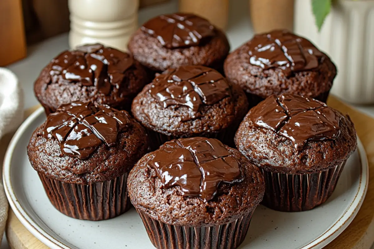 Olympic Chocolate Muffins Recipe: A Delicious Treat for Every Occasion 1 Freshly baked Olympic chocolate muffins with chocolate drizzle and sprinkles on a white platter.
