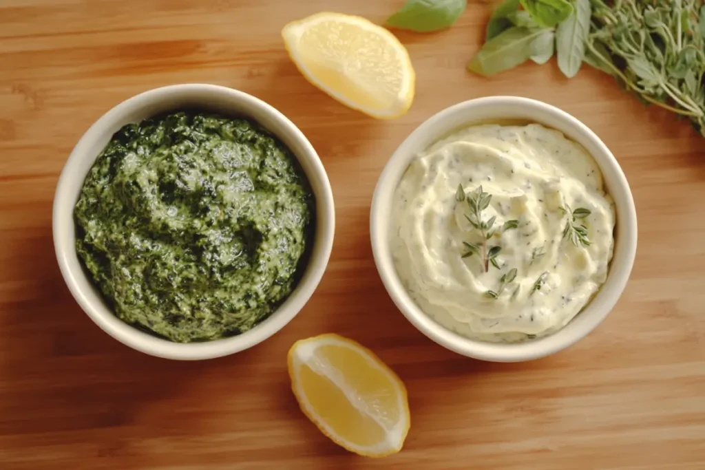 Vegan pesto and dairy-free Alfredo sauce in small bowls.