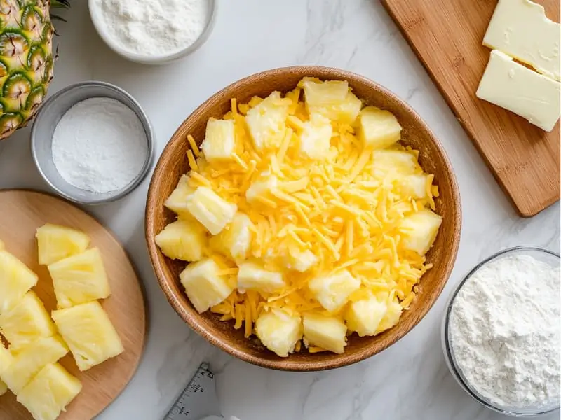Ingredients for pineapple casserole arranged on a wooden cutting board.
