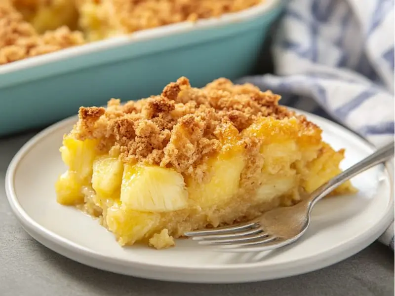 A comforting and delicious freshly baked pineapple casserole, ready to serve.