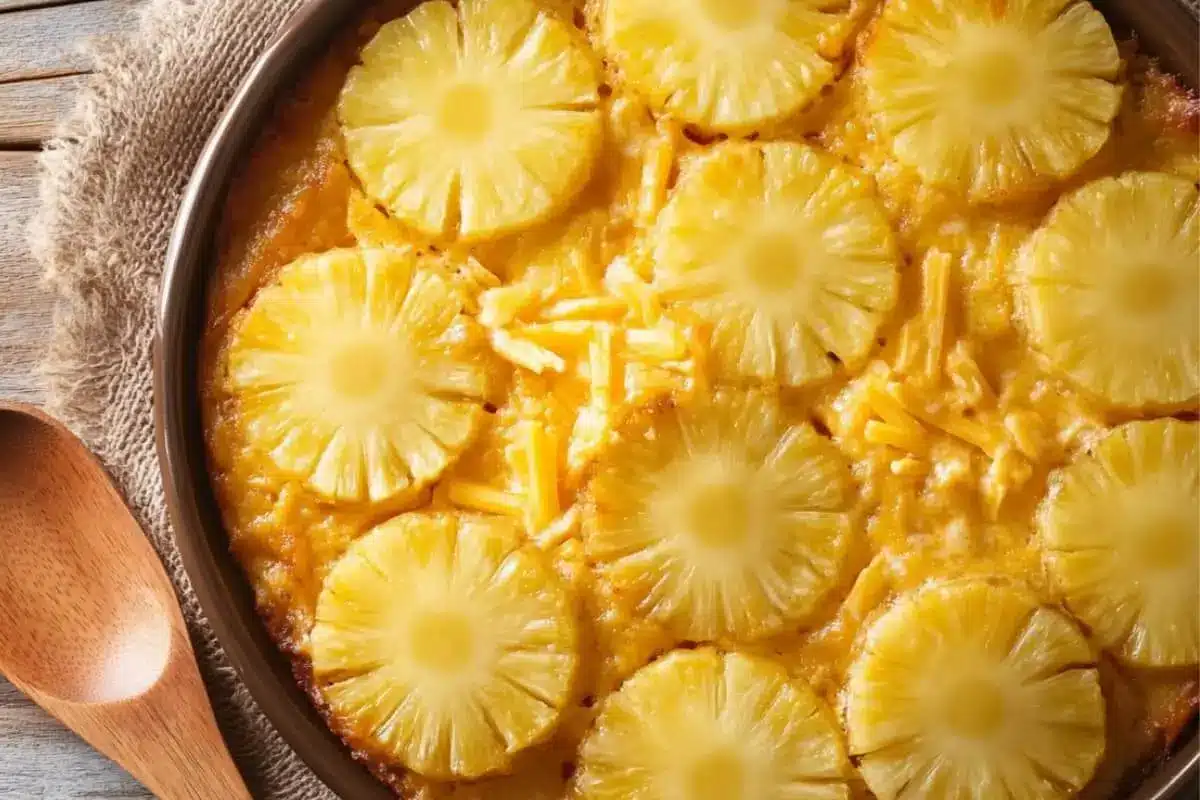 Pineapple Casserole: A Sweet and Savory Delight 10 Golden-brown pineapple casserole in a rustic baking dish with fresh pineapple garnish.