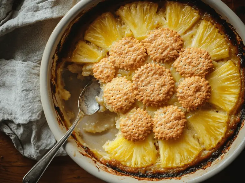 Elegantly plated pineapple casserole with fresh pineapple garnish