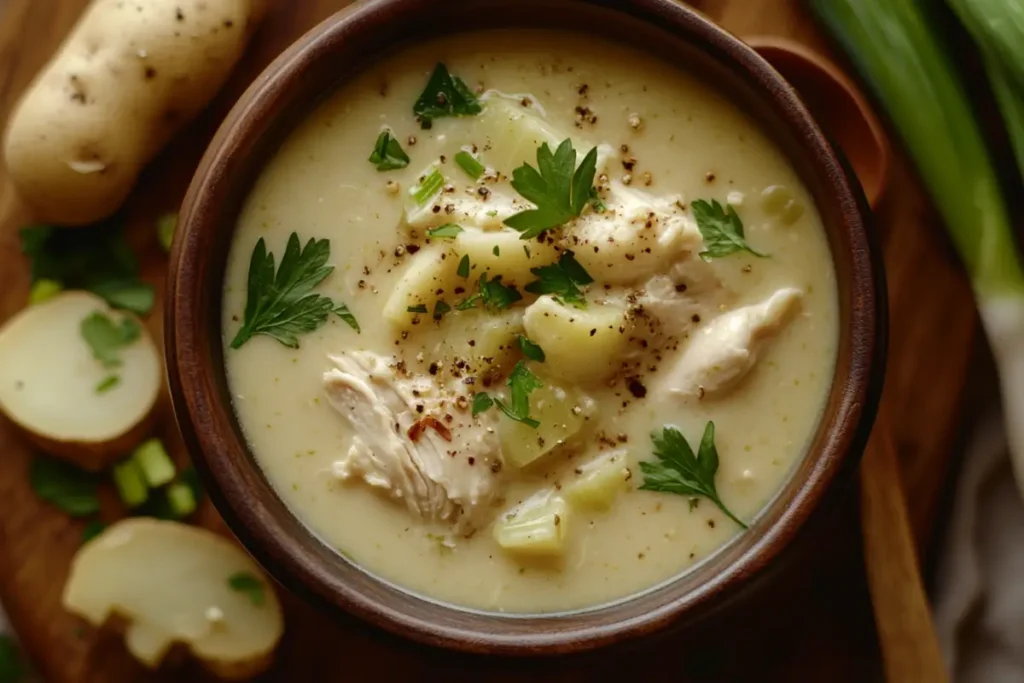 A steaming bowl of potato chicken and leek soup garnished with parsley, surrounded by fresh ingredients.