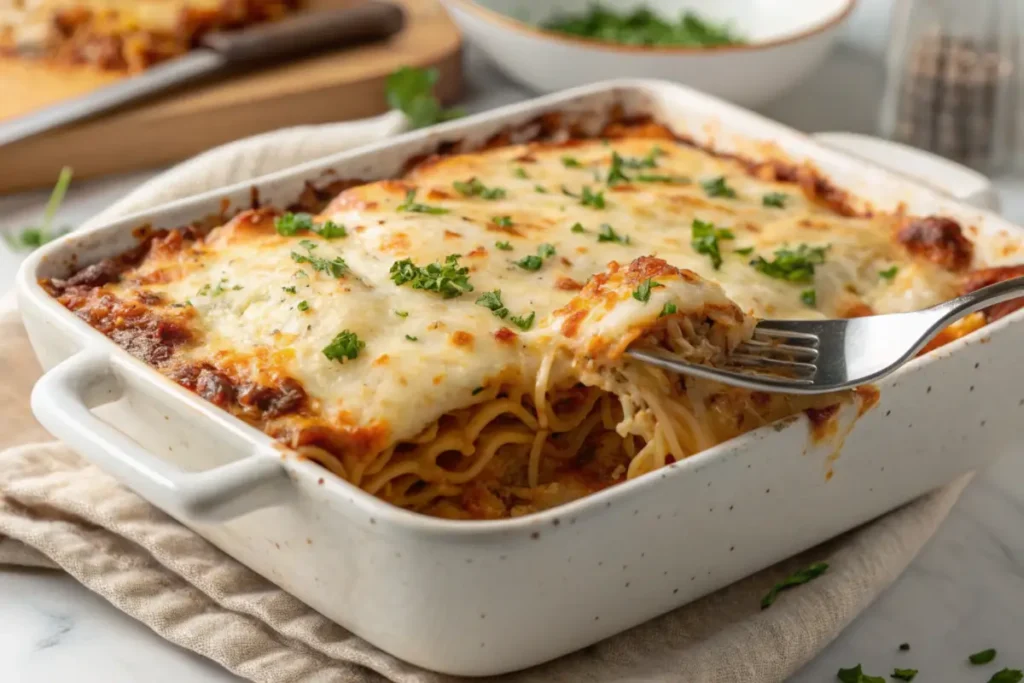 Freshly baked ramen lasagna with golden, bubbly cheese in a ceramic dish.