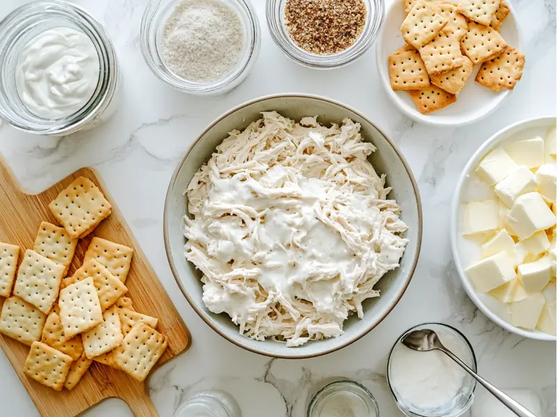 Ingredients for Ritz cracker chicken casserole, including shredded chicken, Ritz crackers, and cream of chicken soup.
