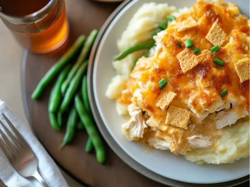 Ritz cracker chicken casserole served with green beans and mashed potatoes.