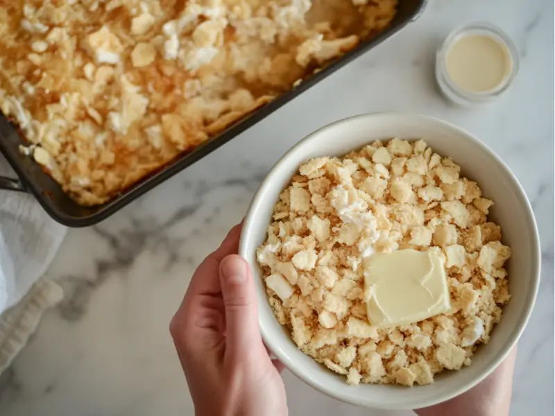 Crushed Ritz crackers mixed with melted butter for the casserole topping.