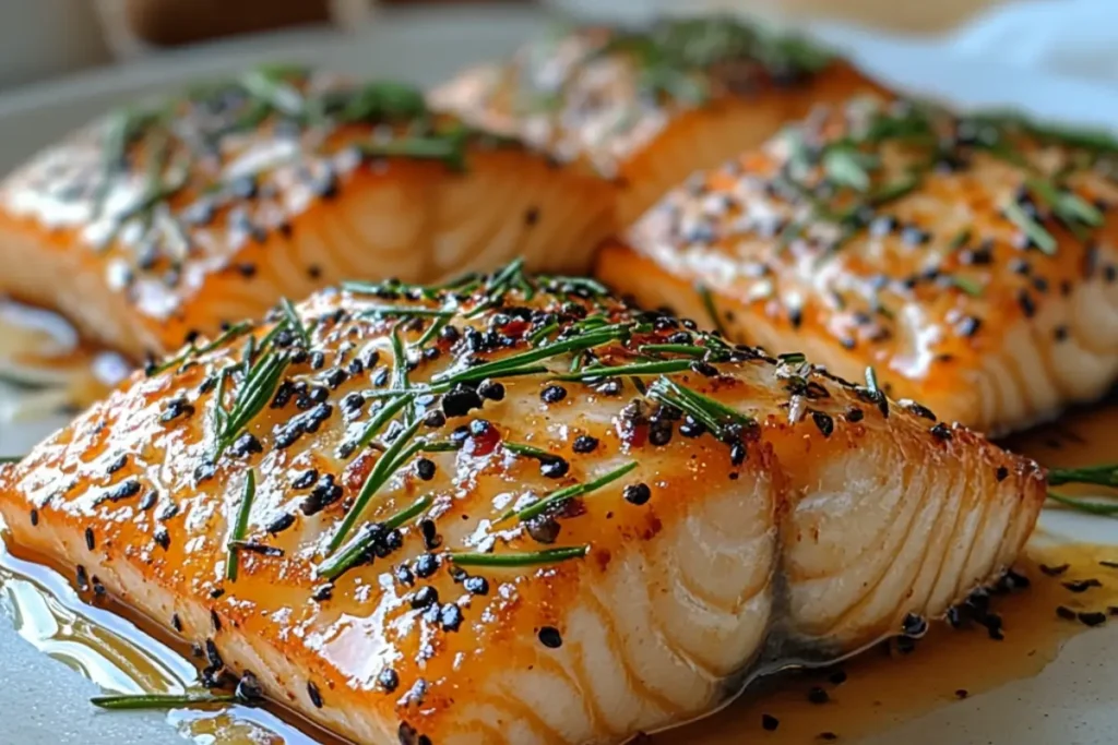 Close-up of perfectly cooked salmon fillets garnished with herbs and spices, served on a plate.