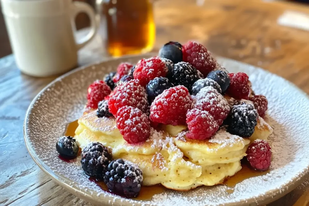 Fluffy scrambled pancakes with berries and syrup on a rustic table.