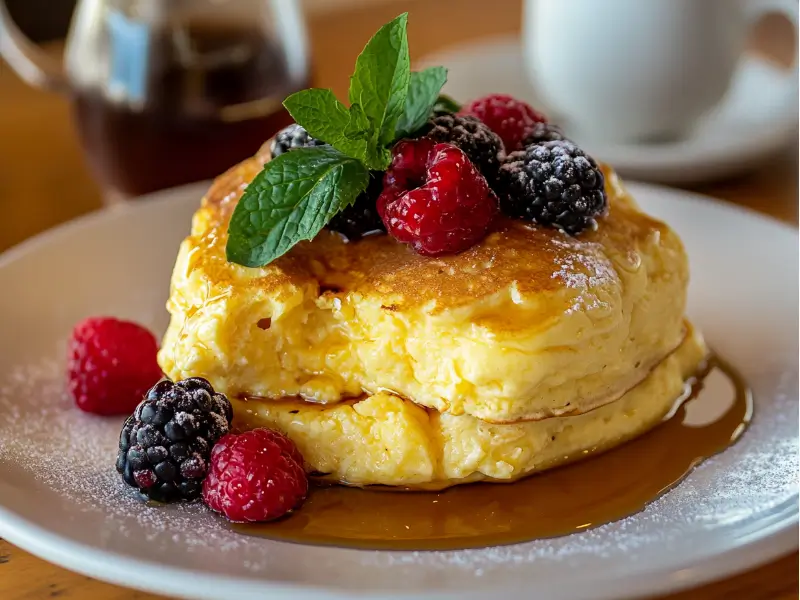 Beautifully plated scrambled pancakes with syrup and berries.