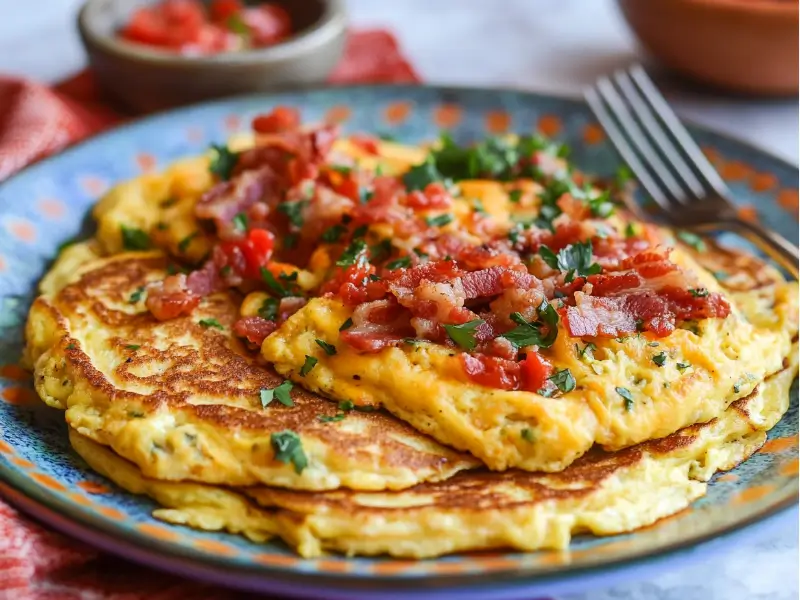 Savory scrambled pancakes with cheese, herbs,