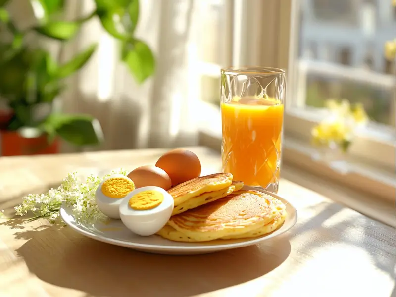 Healthy breakfast with scrambled pancakes, fruit, and orange juice.