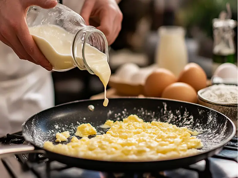 Chef cooking scrambled pancakes in a non-stick pan.