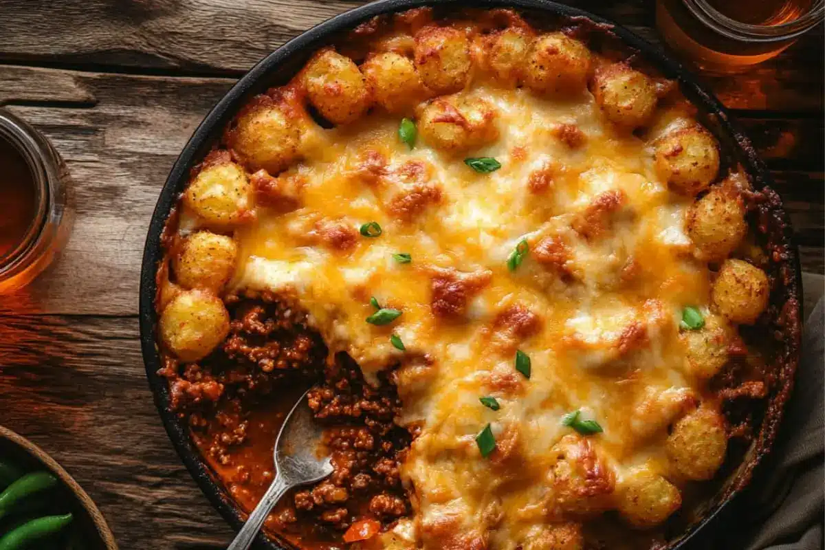 Golden Sloppy Joe Tater Tot Casserole fresh out of the oven