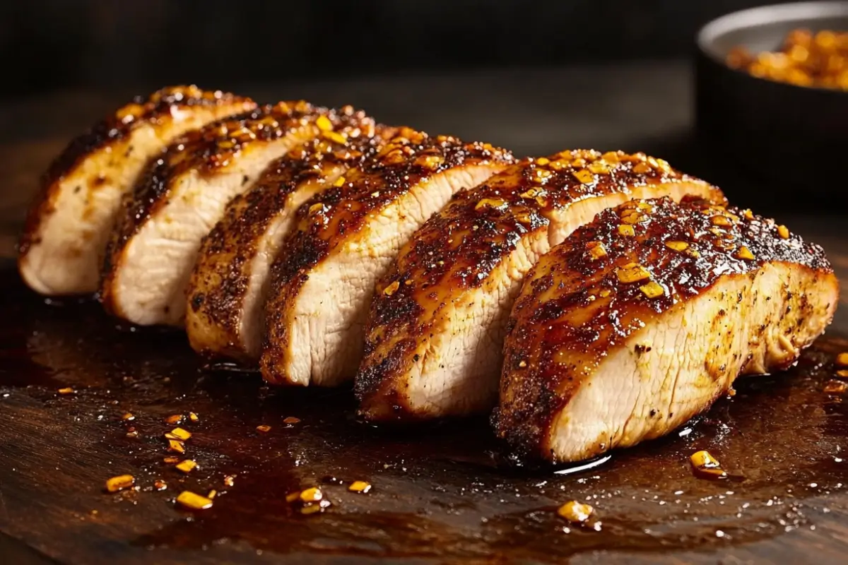 Smoked Chicken Breast Recipe: A Flavorful Guide to Perfect Smoking 1 Smoked chicken breast slices on a wooden cutting board with fresh herbs and a smoker in the background.