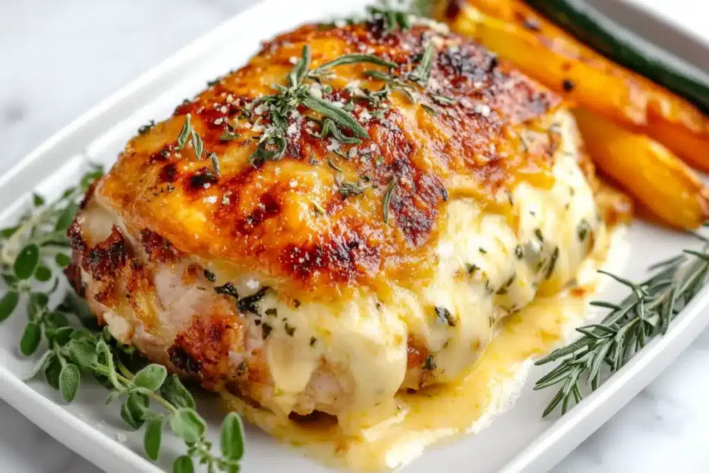 Golden-brown stuffed chicken thighs with melted cheese and roasted vegetables.