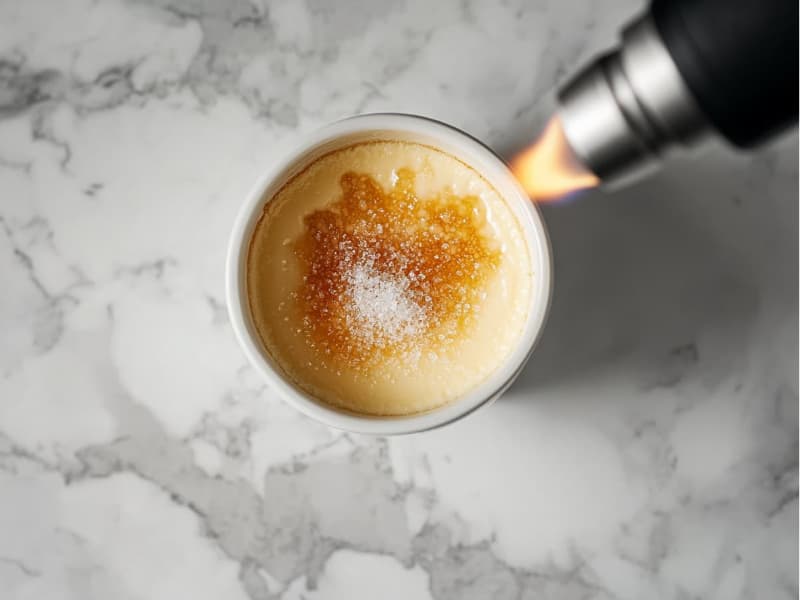 Crème brûlée with granulated sugar being caramelized with a kitchen torch.