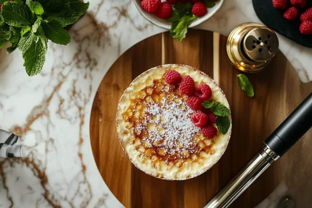 Perfectly caramelized crème brûlée with fresh raspberries and mint leaves.