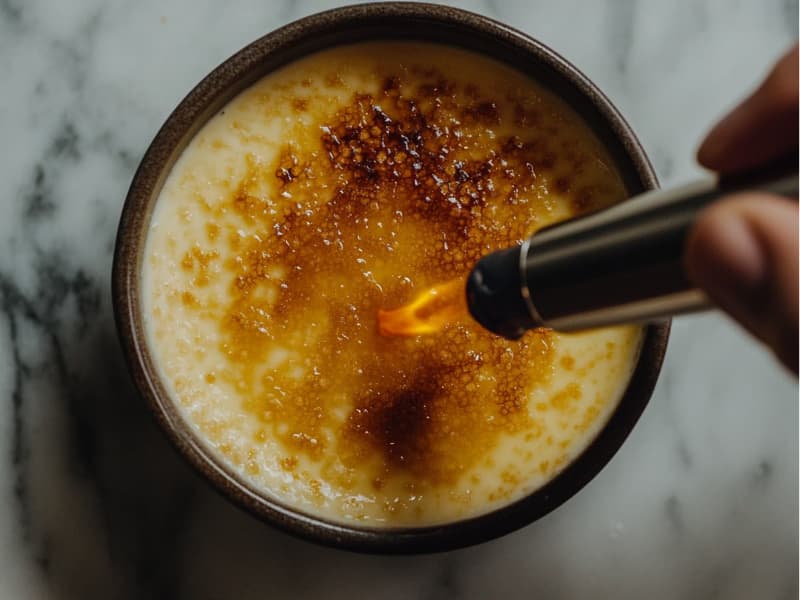 Hand using a kitchen torch to caramelize sugar on crème brûlée.