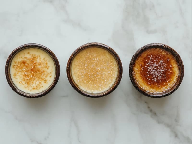 Three crème brûlée variations with different sugar blends.