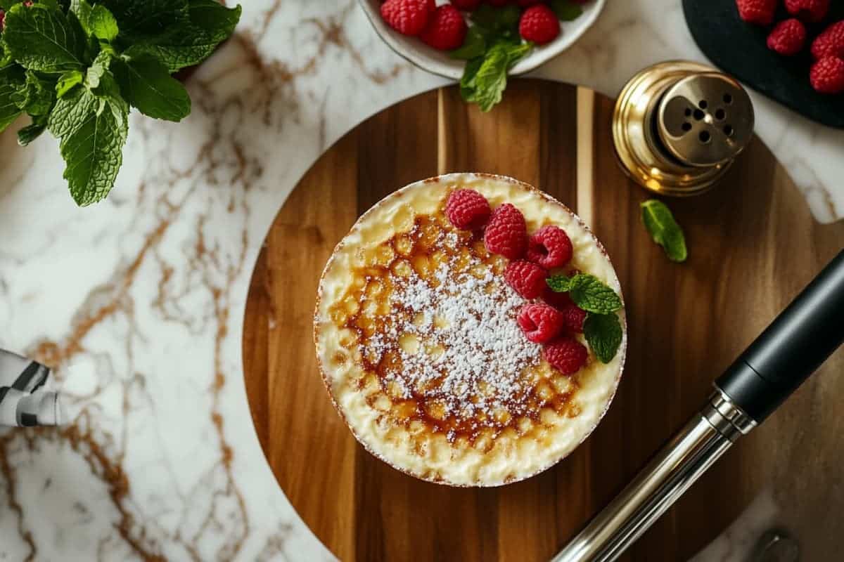 What is the Best Sugar to Use on Crème Brûlée? 8 Perfectly caramelized crème brûlée with fresh raspberries and mint leaves.
